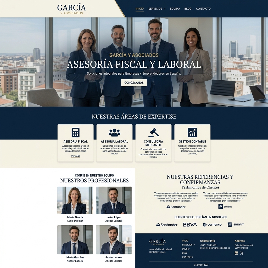 Mockup de web corporativa para asesoría mostrando diseño profesional en escritorio y móvil — vista de escritorio