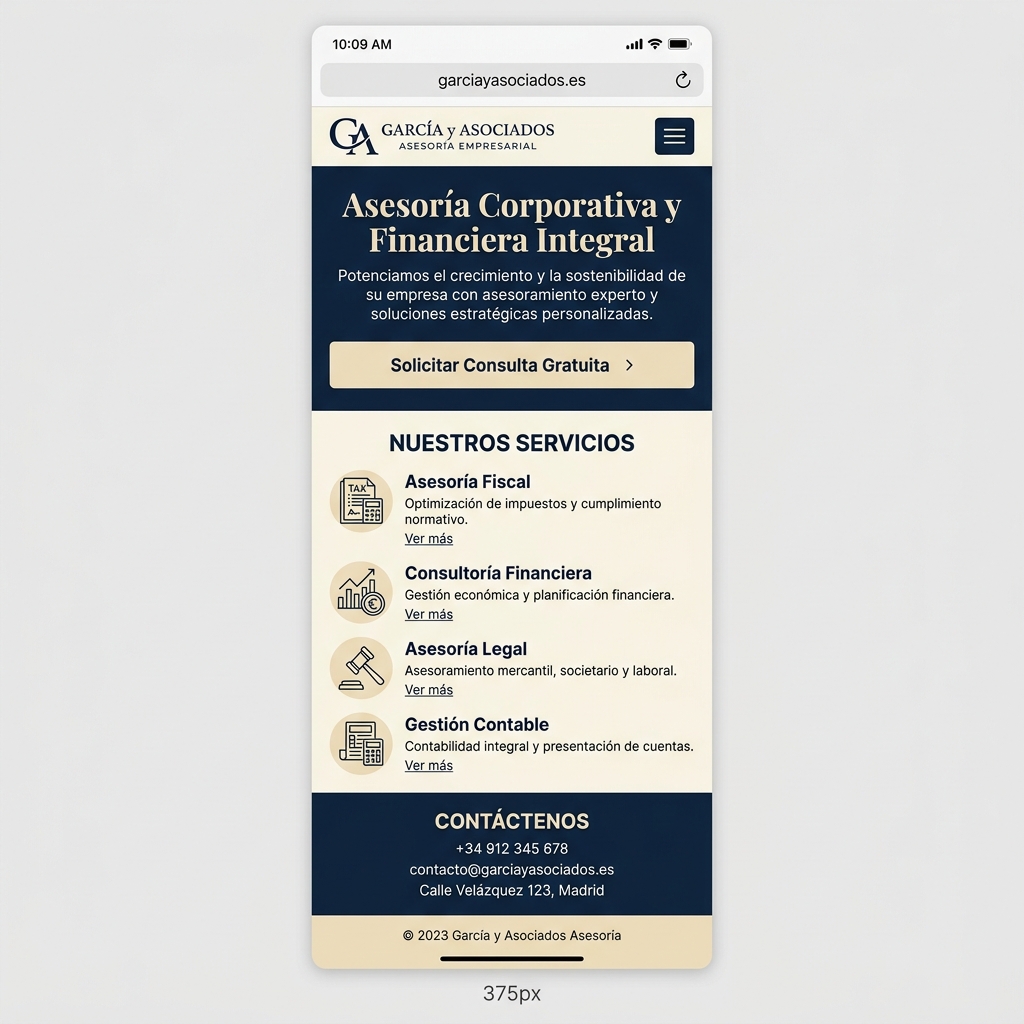 Mockup de web corporativa para asesoría mostrando diseño profesional en escritorio y móvil — vista móvil