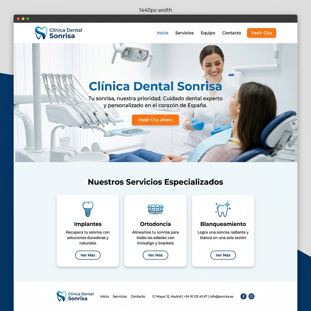 Mockup de landing page para clínica dental mostrando diseño responsive en escritorio y móvil — vista de escritorio