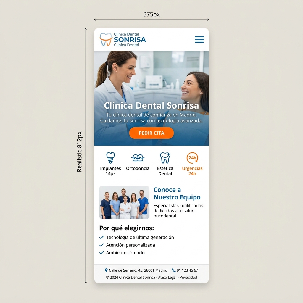 Mockup de landing page para clínica dental mostrando diseño responsive en escritorio y móvil — vista móvil