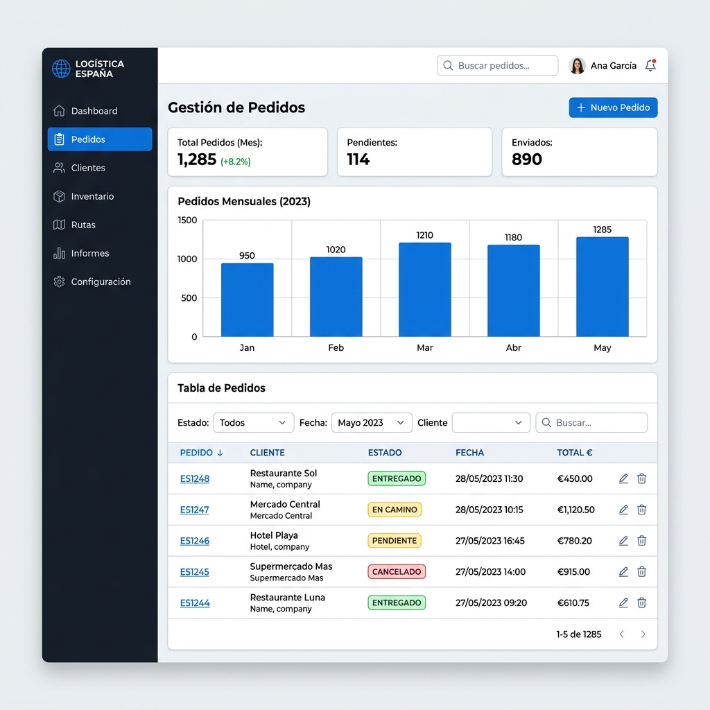 Mockup del panel de gestión de pedidos para distribuidora mostrando vista escritorio y móvil — vista de escritorio